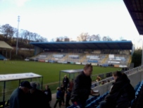 The East Stand of the Shay - empty for today's game, but doubled well as an advertising space.